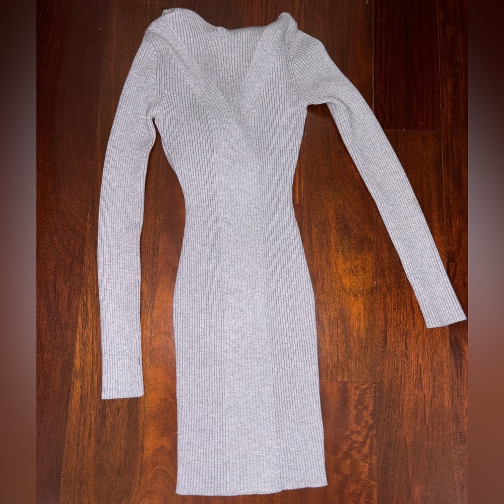 Zara Grey Rib Knit Hooded Fitted Dress